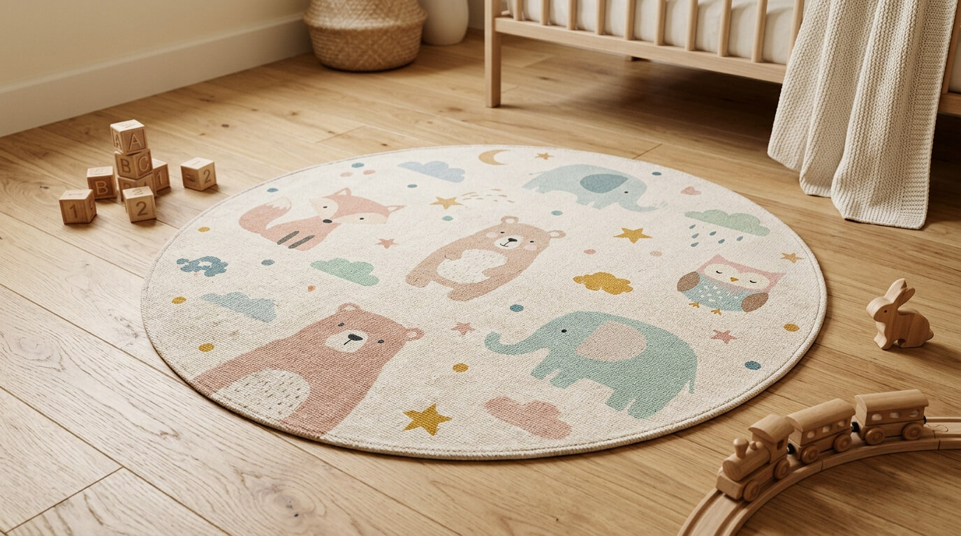 Çocuk ve bebek odası için pastel renkli, hayvan figürlü yuvarlak halı.