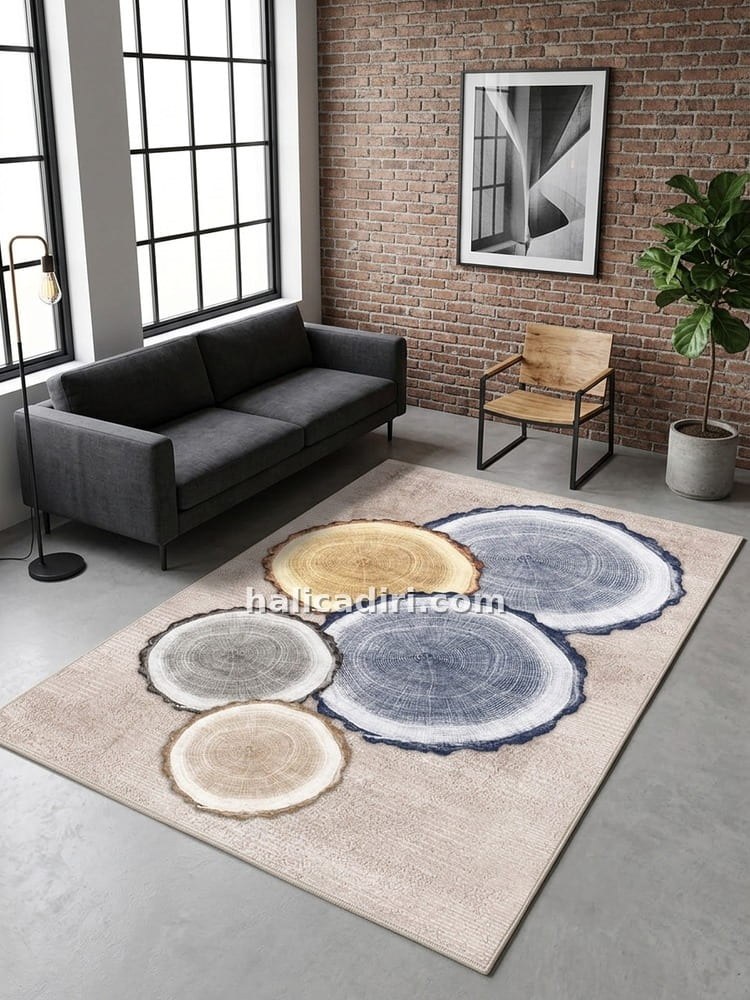 Loft tarzı aydınlık salonda bej mavi ağaç halkalı modern bambu halı