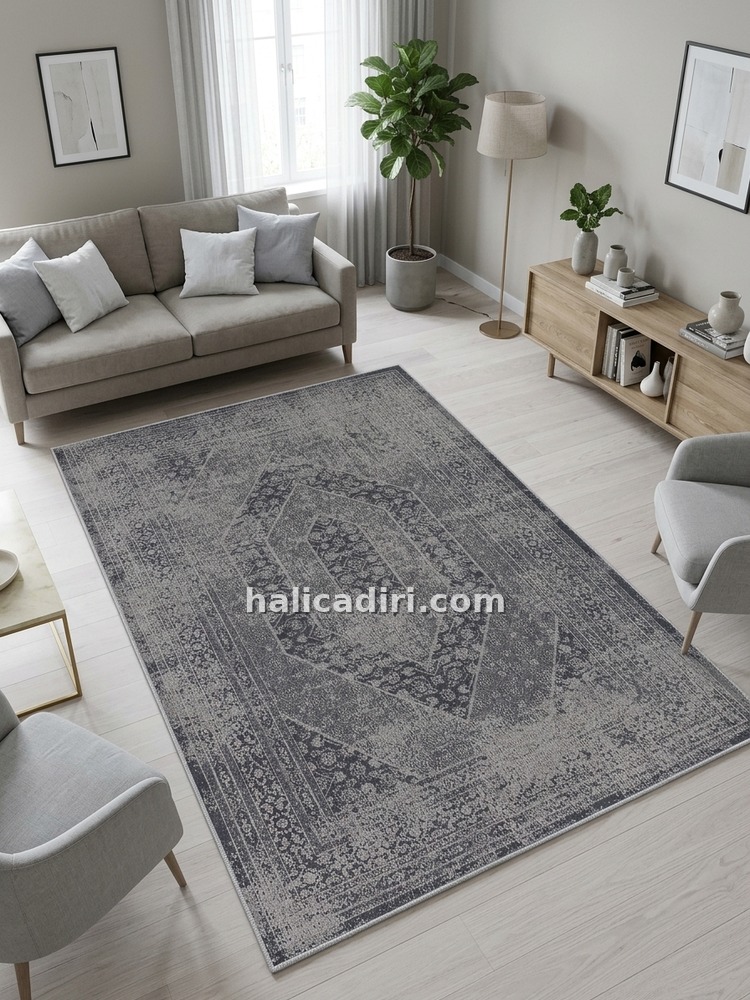 Antrasit Gri Vintage Madalyonlu Yıkanabilir Bambu Halı - Eclat Koleksiyonu, modern oturma odasında kullanım