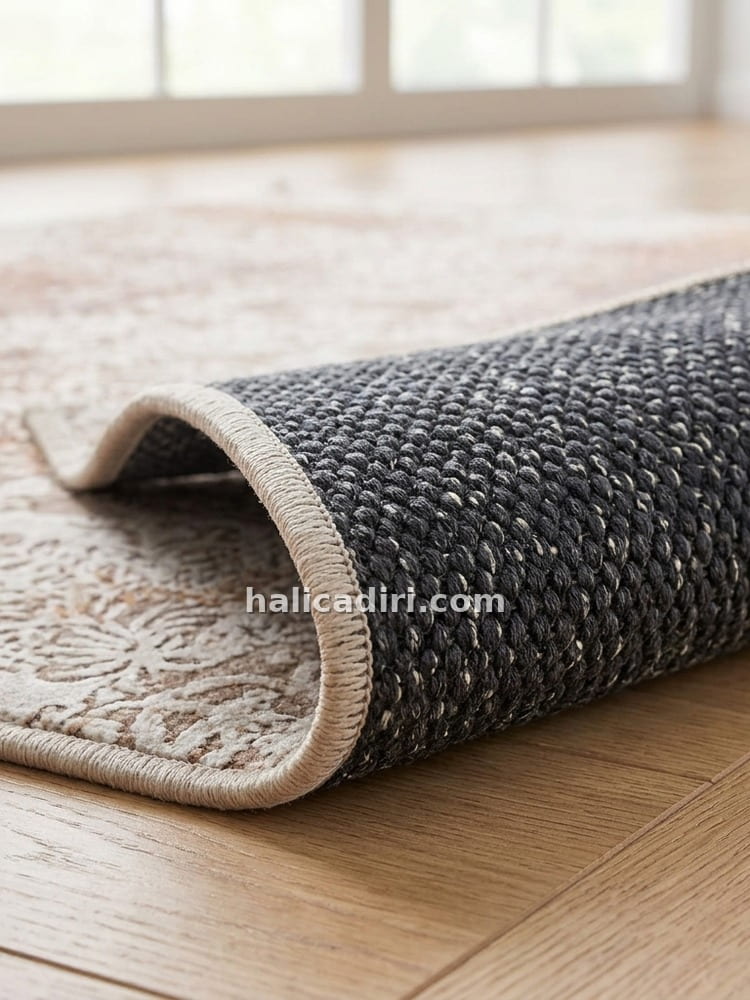 Bakır Kiremit Klasik Eskitme Desenli Vintage Yıkanabilir Bambu Halı - Vezura Koleksiyonu, kenar ve overlok detayı