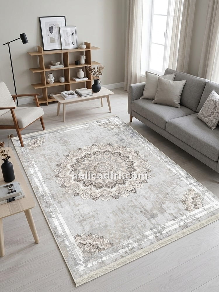 Bej Gri Mandala Desenli İpeksi Dokulu Yıkanabilir Bambu Halı, oturma odası halısı