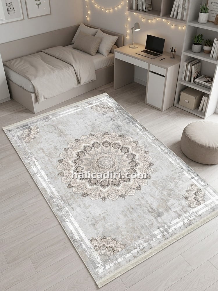 Bej Gri Mandala Desenli İpeksi Dokulu Yıkanabilir Bambu Halı, öğrenci evi halısı