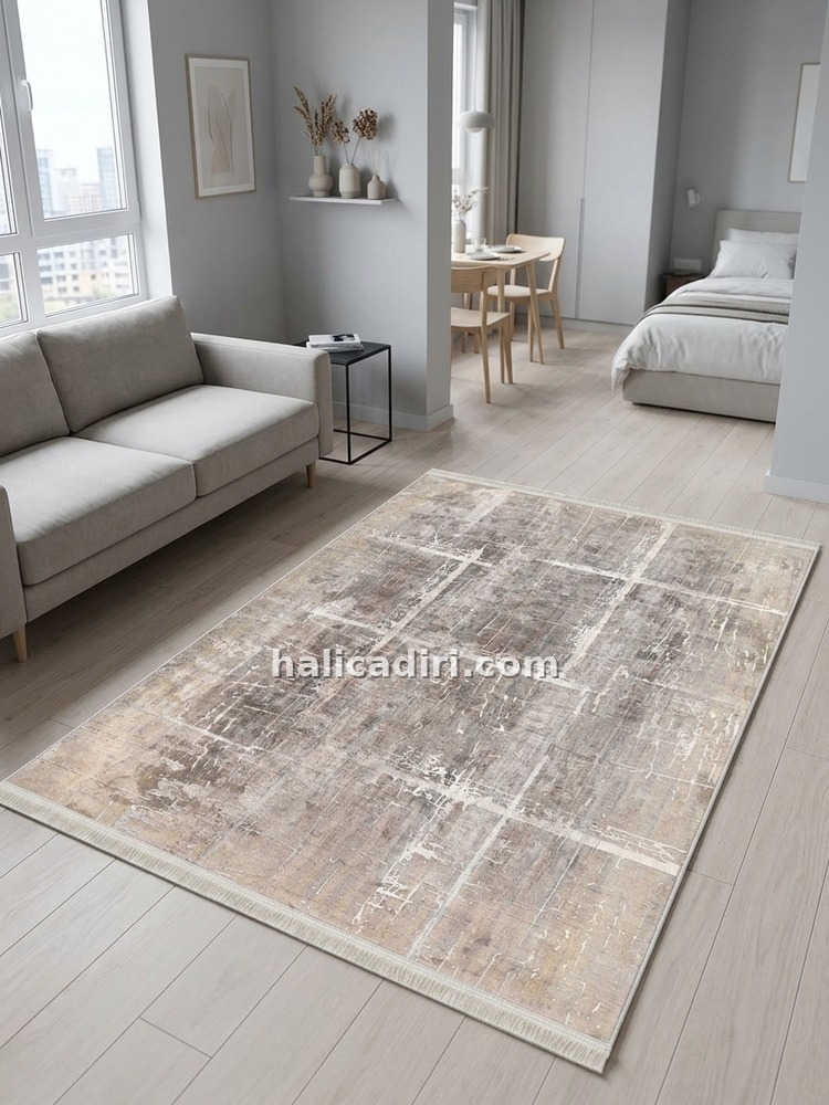 Bej ve Gri Tonlu Soyut Modern Yıkanabilir Bambu Halı, minimalist halı
