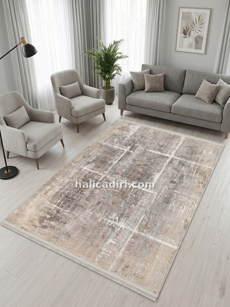Bej ve Gri Tonlu Soyut Modern Yıkanabilir Bambu Halı, salon halısı
