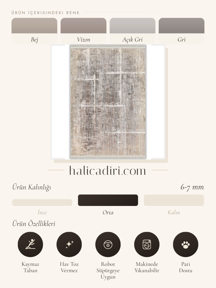 Bej ve Gri Tonlu Soyut Modern Yıkanabilir Bambu Halı, öne çıkan özellikleri