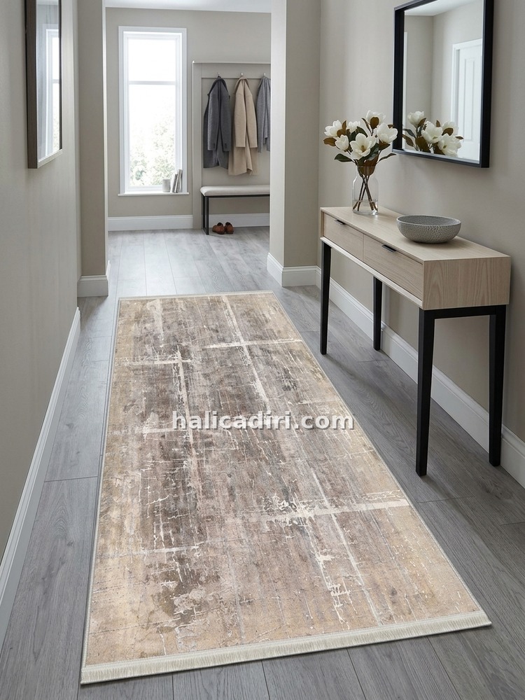 Bej ve Gri Tonlu Soyut Modern Yıkanabilir Bambu Halı, yolluk antre halısı