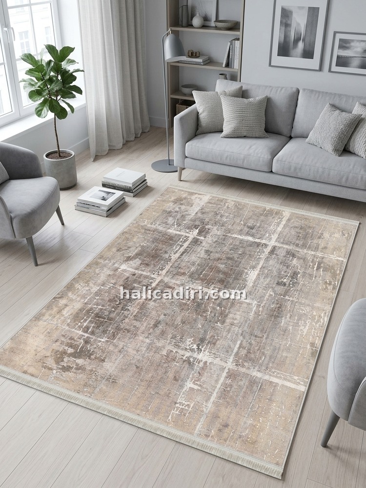 Bej ve Gri Tonlu Soyut Modern Yıkanabilir Bambu Halı, oturma odası halısı