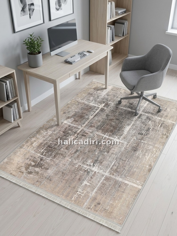 Bej ve Gri Tonlu Soyut Modern Yıkanabilir Bambu Halı, genç odası halısı