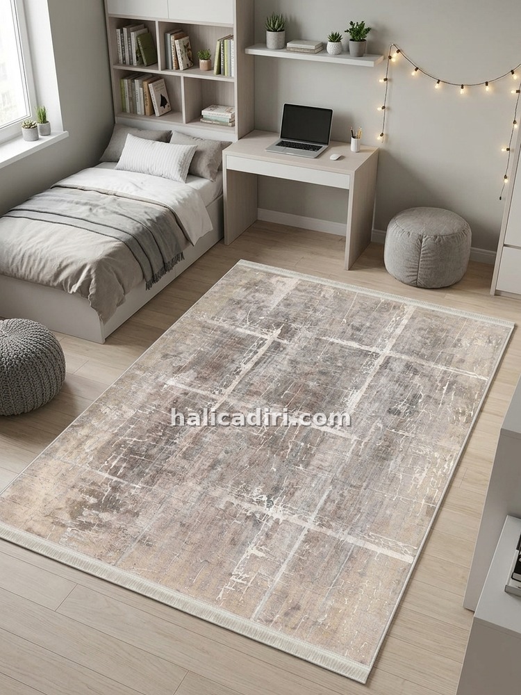 Bej ve Gri Tonlu Soyut Modern Yıkanabilir Bambu Halı, öğrenci evi halısı