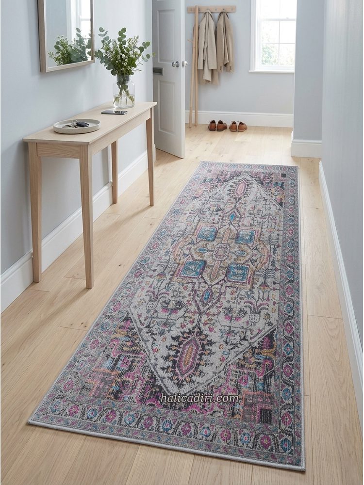 Gri Antrasit Etnik Geometrik Yıkanabilir Bambu Halı, yolluk antre halısı