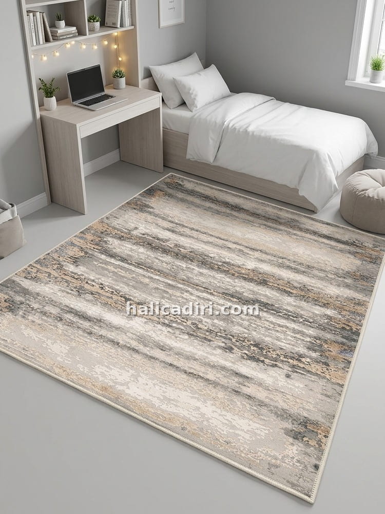 Gri Bej Modern Soyut Çizgili İpeksi Dokulu Yıkanabilir Bambu Halı, öğrenci evi halısı