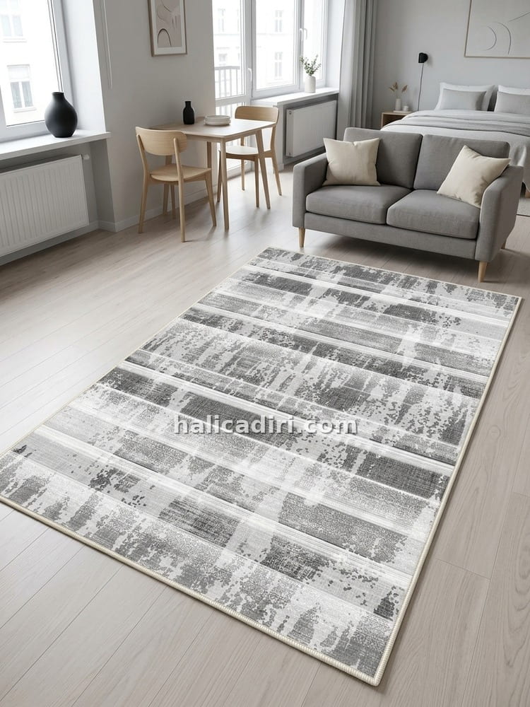 Gri Beyaz Modern Soyut Çizgili İpeksi Dokulu Yıkanabilir Bambu Halı, öğrenci evi halısı