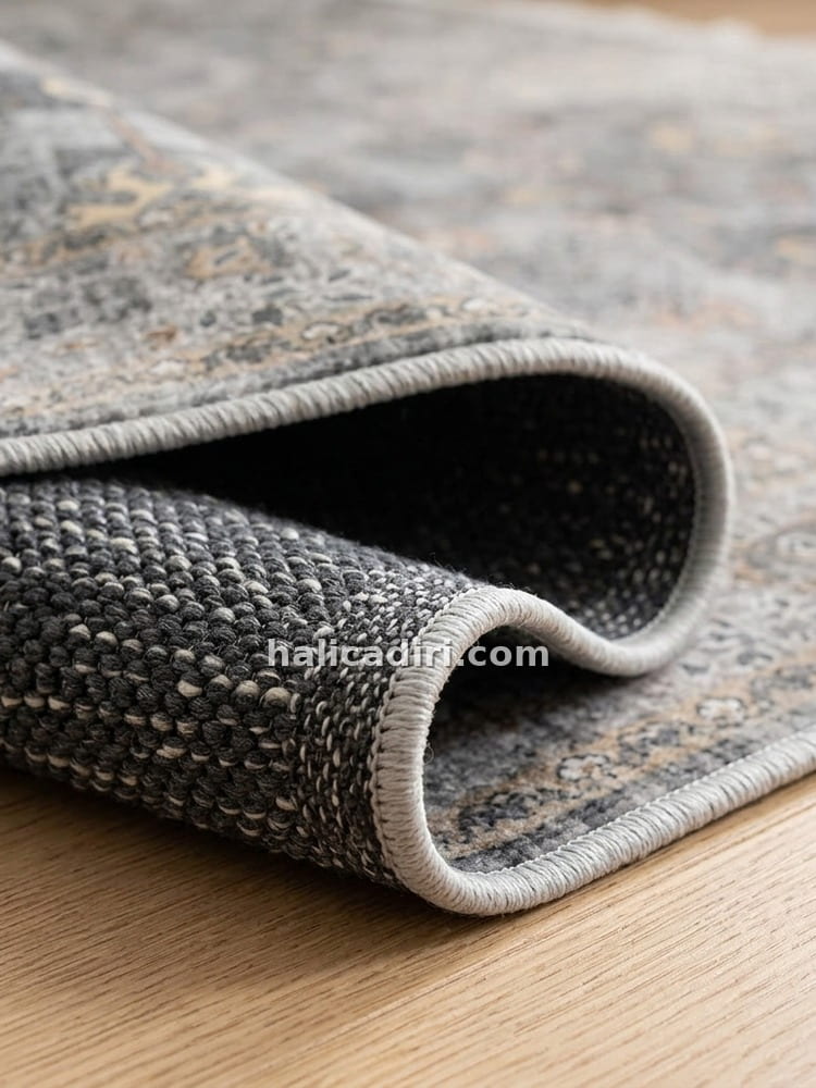 Gri Gold Geometrik Desenli Vintage Yıkanabilir Bambu Halı - Perivia Koleksiyonu, kenar ve overlok detayı