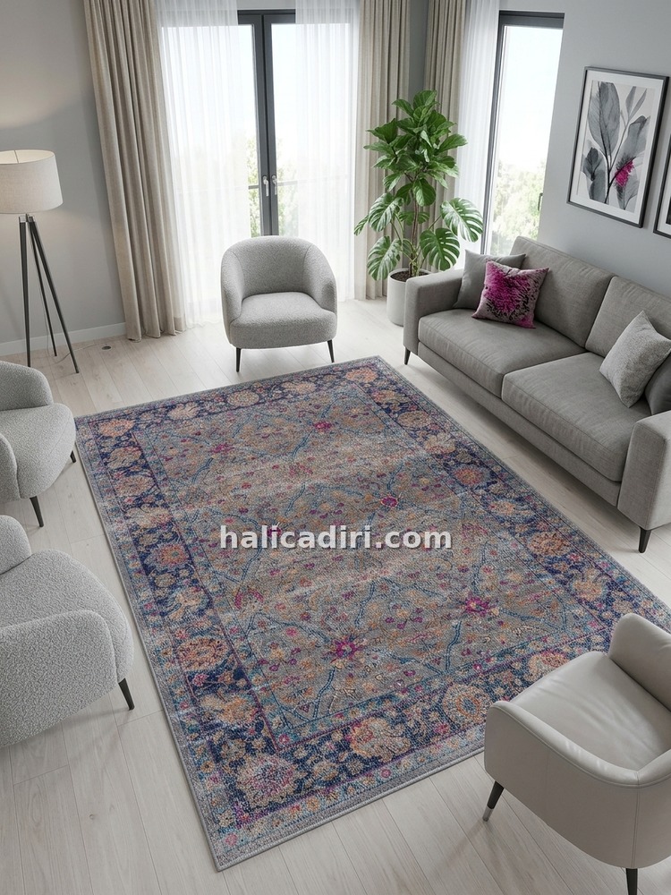 Gri Zemin, Lacivert & Fuşya Çiçekli Desenli Yıkanabilir Bambu Salon Halısı, oda içi kullanım