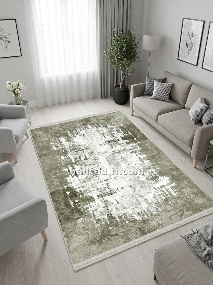 Haki Yeşil Krem Eskitme Desenli Vintage Yıkanabilir Bambu Halı - Vezura Koleksiyonu, salon halısı