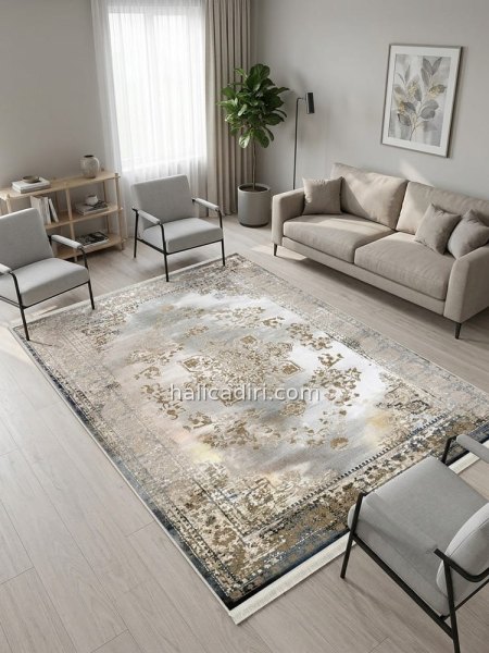 Bej Gri Altın Vintage Madalyon Desenli İpeksi Dokulu Yıkanabilir Bambu Halı (Border B1015)