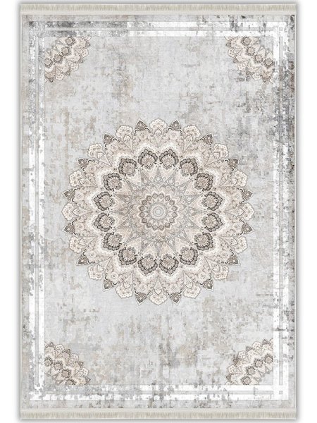 Bej Gri Mandala Desenli İpeksi Dokulu Yıkanabilir Bambu Halı (Perivia S910191)