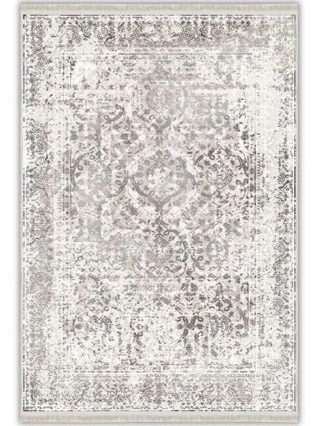 Beyaz Gri Damask Desenli Vintage Yıkanabilir Bambu Halı - Perivia Koleksiyonu (S910161)
