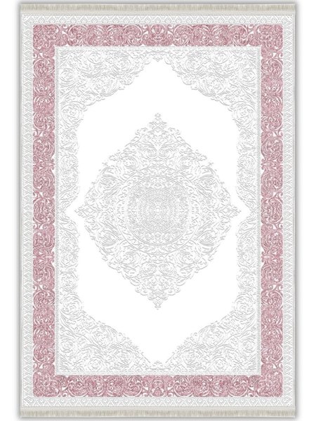 Beyaz Pembe Klasik Madalyon Desenli İpeksi Dokulu Yıkanabilir Bambu Halı (Perivia S910122)