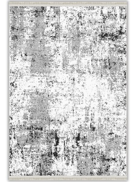Beyaz Siyah Gri Soyut Eskitme Desenli Modern Yıkanabilir Bambu Halı - Vezura Koleksiyonu (V10581)