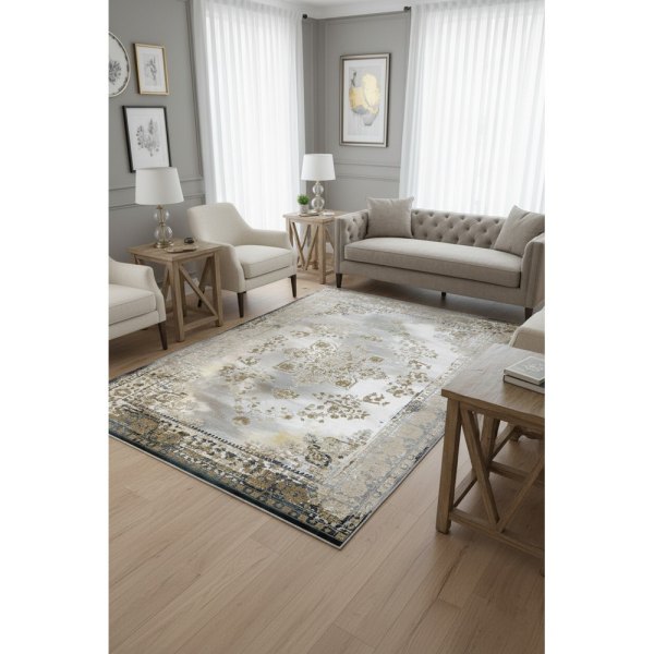 Gri ve Bej Vintage Madalyon Desenli Saçaklı Yıkanabilir Bambu Salon Halısı (Border B1015)