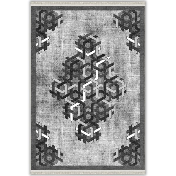Antrasit Siyah Geometrik 3D Örgü Desenli Modern Yıkanabilir Halı - Border Koleksiyonu (B-10101)