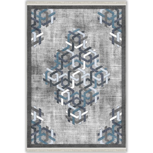 Gri Mavi Geometrik 3D Örgü Desenli Modern Yıkanabilir Halı - Border Koleksiyonu (B-10103)