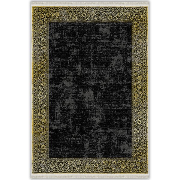 Siyah Gold Çiçek Bordürlü Vintage Yıkanabilir Halı - Border Koleksiyonu (B-10321)