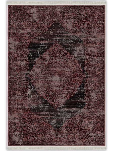 Bordo Siyah Klasik Madalyon Desenli Vintage Yıkanabilir Bambu Halı - Vezura Koleksiyonu (V10253)