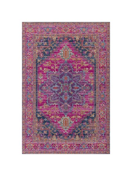 Fuşya Lacivert Etnik Madalyonlu Yıkanabilir Bambu Halı (Eclat E-507)