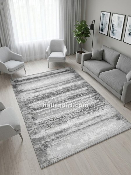Gri Beyaz Modern Soyut Çizgili İpeksi Dokulu Yıkanabilir Bambu Halı (Stria S10512)