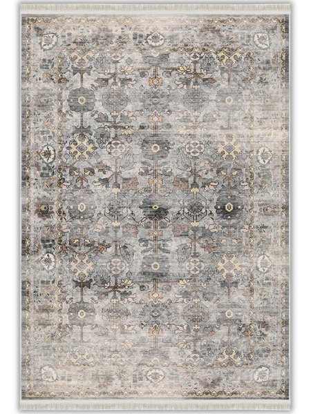 Gri Gold Geometrik Desenli Vintage Yıkanabilir Bambu Halı - Perivia Koleksiyonu (S910311)