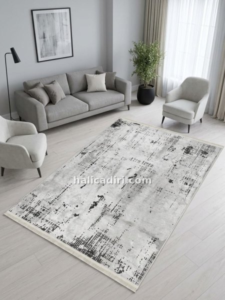 Gri Siyah Soyut Eskitme Desenli Modern Vintage Yıkanabilir Bambu Halı - Vezura Koleksiyonu (V10602)