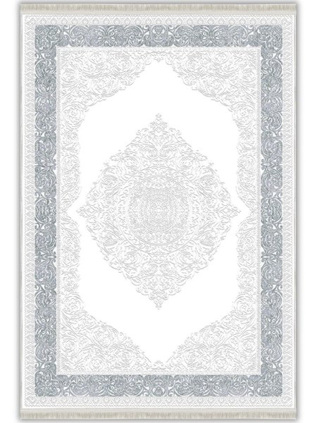 Gümüş Beyaz Klasik Madalyon Desenli İpeksi Dokulu Yıkanabilir Bambu Halı (Perivia S910121)