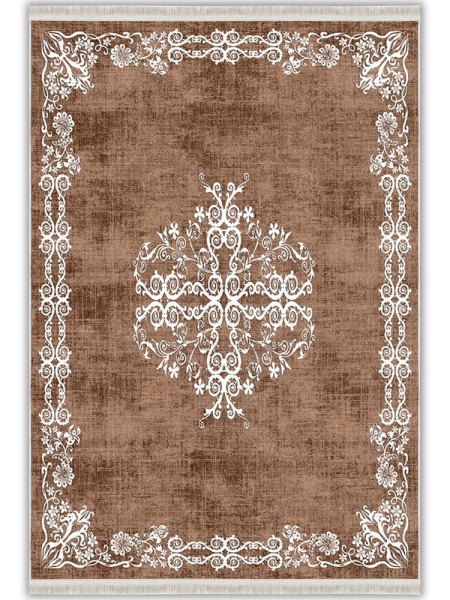 Kahve Beyaz Klasik Medalyonlu Vintage Yıkanabilir Bambu Halı - Perivia Koleksiyonu (S910111)