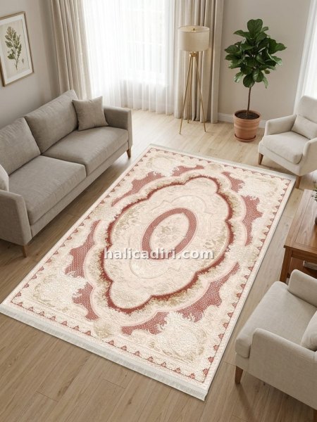Krem Kiremit Klasik Madalyon Desenli Vintage Yıkanabilir Bambu Halı - Vezura Koleksiyonu (V10231)
