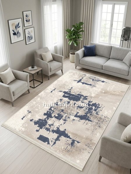 Lacivert Krem Soyut Eskitme Desenli Modern Yıkanabilir Bambu Halı - Vezura Koleksiyonu (V10563)