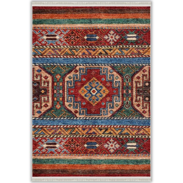 Kırmızı ve Mavi Geleneksel Kilim Desenli Yıkanabilir Bambu Halı (Miras-203)