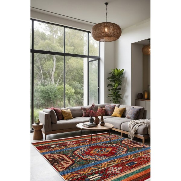 Kırmızı ve Mavi Geleneksel Kilim Desenli Yıkanabilir Bambu Halı (Miras-203)