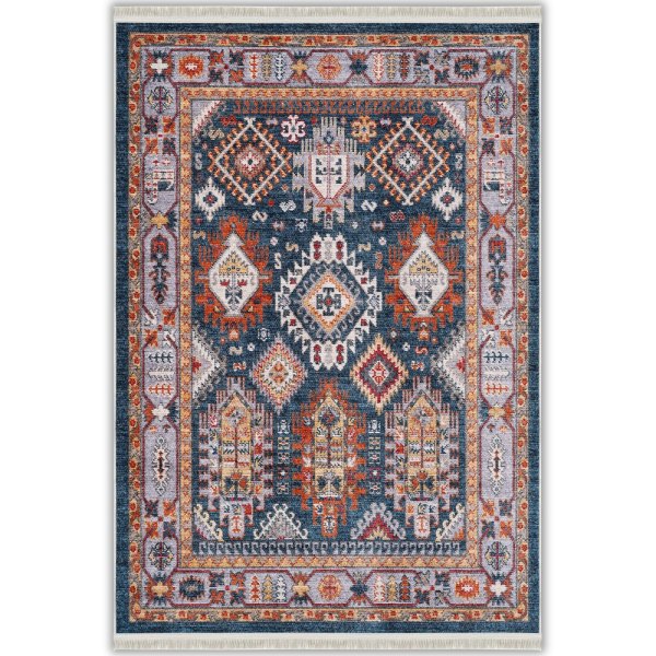 Lacivert ve Turuncu Geometrik Kilim Desenli Yıkanabilir Bambu Halı (Miras-209)