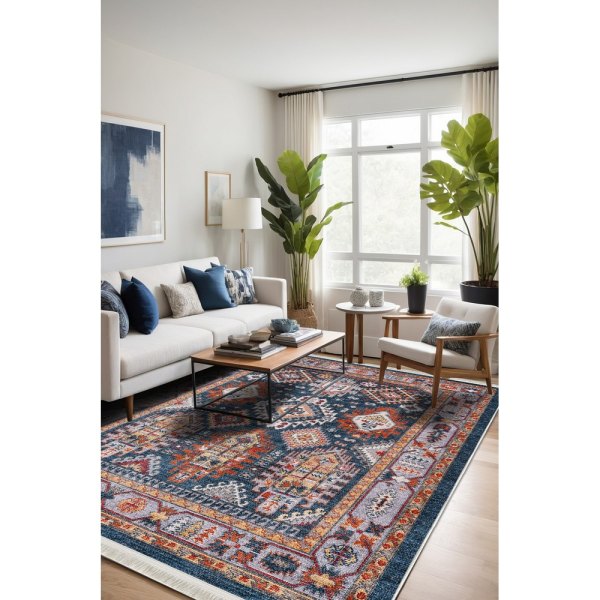 Lacivert ve Turuncu Geometrik Kilim Desenli Yıkanabilir Bambu Halı (Miras-209)