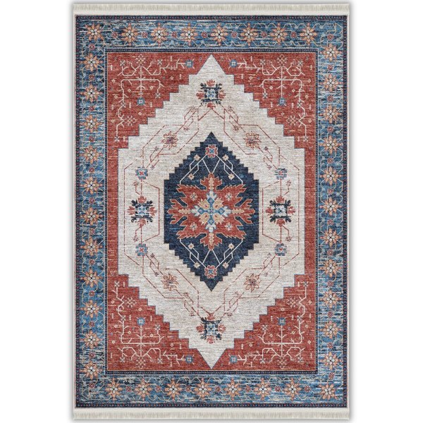 Kiremit ve Lacivert Geometrik Etnik Madalyonlu Yıkanabilir Bambu Halı (Miras-217)