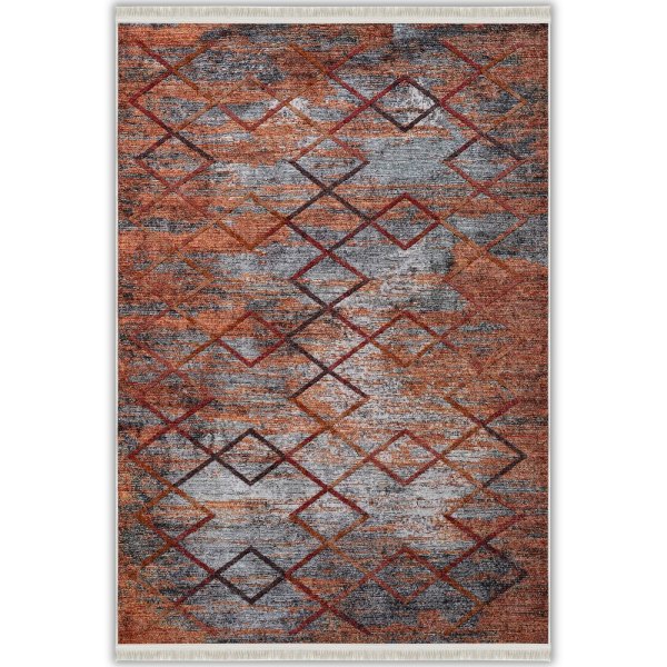 Kiremit ve Antrasit Soyut Geometrik Yıkanabilir Bambu Halı (Miras-224)