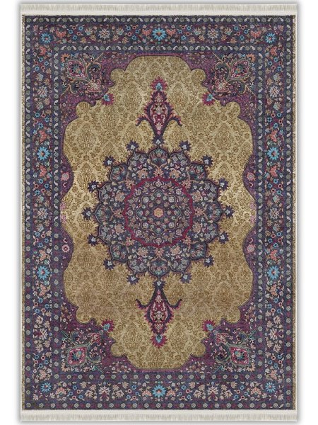 Mor Bej Klasik Madalyon Desenli Vintage Yıkanabilir Bambu Halı - Vezura Koleksiyonu (V10241)