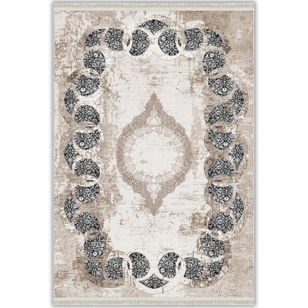 Bej Siyah Modern Madalyonlu Vintage Yıkanabilir Bambu Halı - Perivia Koleksiyonu (S910031)