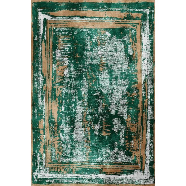 Zümrüt Yeşili ve Taba Soyut Vintage Yıkanabilir Bambu Salon Halısı (Perivia S910923)