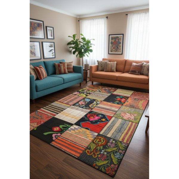 Quintesa Patch03 Bambu Çok Renkli Halı - Otantik Kilim Patchwork Mozaik Tasarım