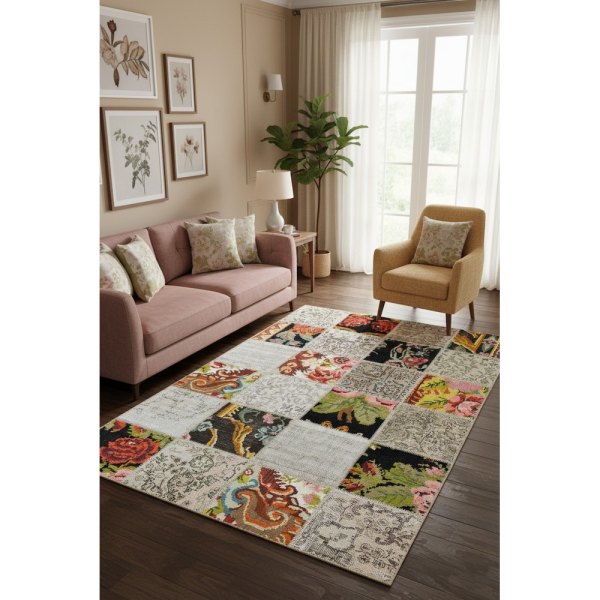 Quintesa Patch09 Bambu Bej Gri Halı -  Çiçekli Patchwork Tasarım