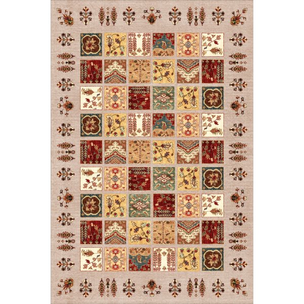 Bej Zemin Üzeri Çok Renkli Geleneksel Patchwork Desenli Yıkanabilir Halı - Quintesa Koleksiyonu (QuintesaPatch463)