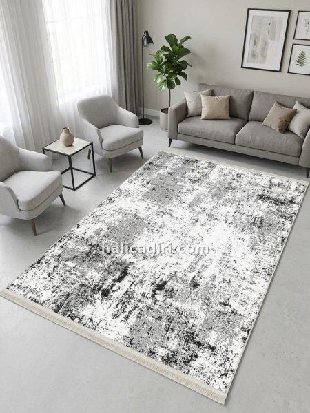 Siyah Beyaz Gri Soyut Eskitme Desenli Modern Yıkanabilir Bambu Halı - Vezura Koleksiyonu (V10581)